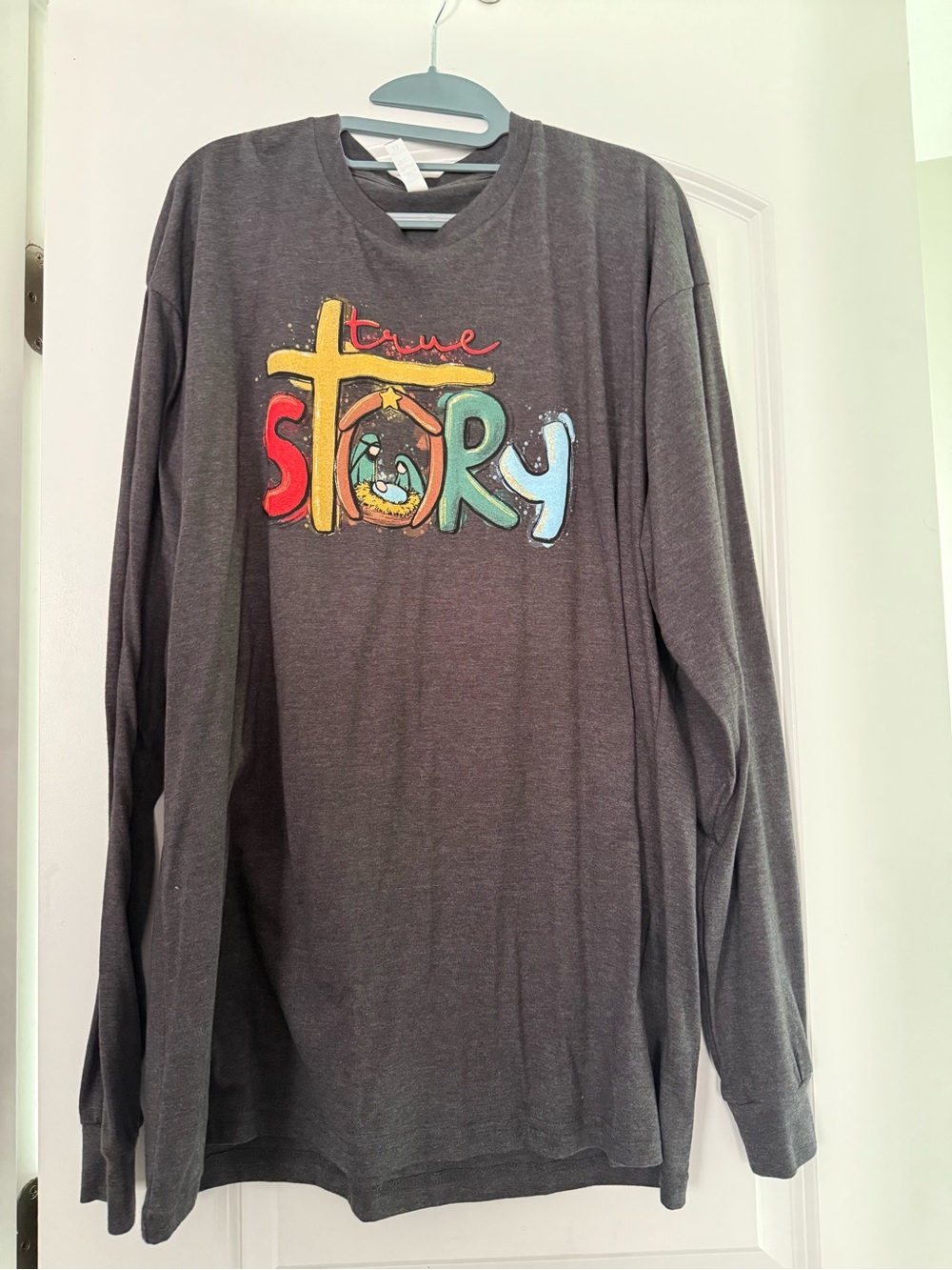 Charcoal Long-Sleeve Tee with Multicolor 'True Story' Graphic